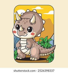 Cute Triceratops Dinosaur Character Mascot in Hand Drawn Vector Cartoon Illustration Design for kid, sticker, badge, patch, banner, greeting card, invitation