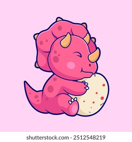 Cute Triceratops Dinosaur Hug Egg Cartoon Vector Icon Illustration. Animal Nature Icon Concept Isolated Premium Vector. Flat Cartoon Style