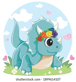 Cute triceratops dinosaur isolated on white background. Little dino for t-shirt, kids apparel, poster, nursery or etc. Vector illustration.