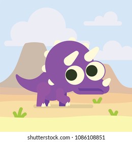 Cute Triceratops. Dinosaur life. Illustration of prehistoric character in flat cartoon style on desert landscape background. Funny violet Ceratopsia with big eyes. Element for design.