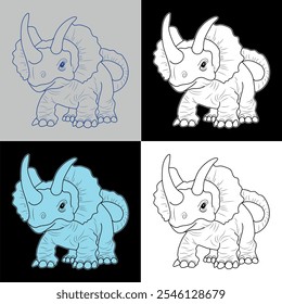 Cute Triceratops Dinosaur. Line art and vector illustration. Funny illustration, t-shirt, coloring book for kids and children