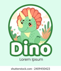 Cute triceratops dinosaur logo flat illustration of cheerful up historical character.