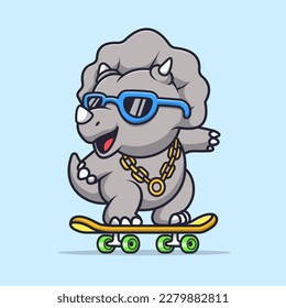 Cute Triceratops Dinosaur Playing Skateboard With Glasses Cartoon Vector Icon Illustration. Animal Sport Icon Concept Isolated Premium Vector. Flat Cartoon Style