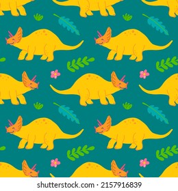 Cute triceratops dinosaur, vector seamless pattern on green background, childrens print for clothes, postcards.