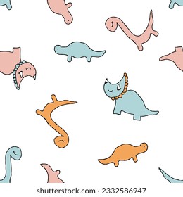 Cute triceratops, diplodocus and brachiosaurus dinosaurs seamless pattern. Childish print for tee, paper, textile and fabric. Simple vector illustration for decor and design.
