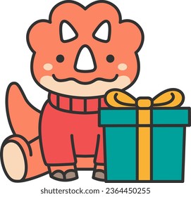 Cute triceratops with gift box. Vector illustration in cartoon style.