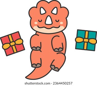 Cute triceratops with gifts. Vector illustration in flat cartoon style.