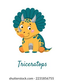 Cute triceratops icon. Sticker for social networks and instant messengers. Toy or mascot for children. Dangerous predator BC. History and archeology, fossil. Cartoon flat vector illustration