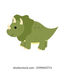 Cute Triceratops Illustration. Green dinosaur in a flat, cartoon style. Perfect for kids designs, nursery prints, stickers. Vector illustration isolated on white background.