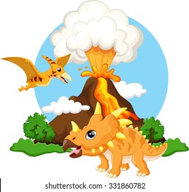 Cute  triceratops and pterodactyl cartoon with volcano background
