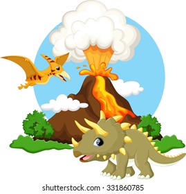 Cute  triceratops and pterodactyl cartoon with volcano background
