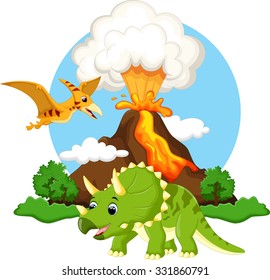 Cute  triceratops and pterodactyl cartoon with volcano background