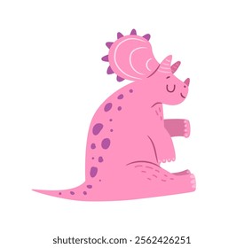 Cute triceratops sitting, isolated dinosaur of genus of chasmosaurine ceratopsian. Vector smiling character with frill and horns lived in Maastrichtian age. Fauna and wildlife of ancient times