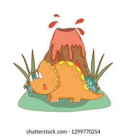 cute triceratops with volcano scene