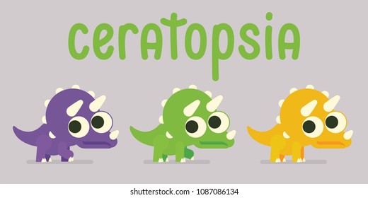 Cute Triceratops walking. Dinosaur life. Vector illustration of prehistoric character in flat cartoon style  on grey background. Funny violet, green, orange Ceratopsia with big eyes.