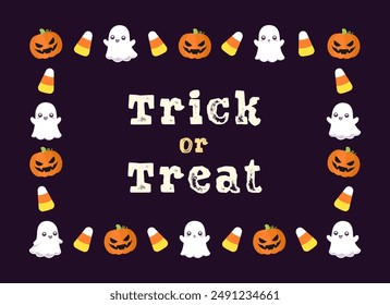 Cute Trick or Treat Halloween card frame template. Rectangle Halloween border design with cartoon ghost, jack o lantern, pumpkins, candy corn. Social media banner vector illustration