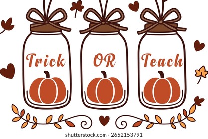 Bonito Truque ou Tratar gráfico de Halloween com frascos de pedreiro e abóboras