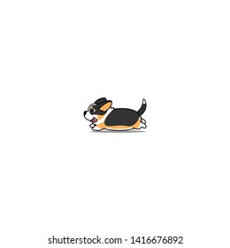 Cute tricolor corgi puppy long tail running cartoon icon, vector illustration