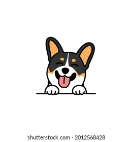 Cute tricolor corgi puppy smiling cartoon, vector illustration