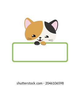 Cute tricolor kawaii cat holding blank card isolated on white background. Vector illustration. Cartoon flat style