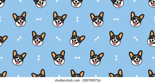 Cute tricolor welsh corgi dog smiling cartoon seamless pattern, vector illustration	