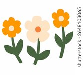 A cute trio of orange, cream white, and yellow flat-style flowers with cozy tones. Great for spring illustrations, kids’ designs, and nature decorations.