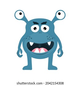 Cute triple eyes blue monster, cartoon vector,alien monster illustration, isolated cartoon on white background.