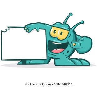 Cute troll with blank board. Vector cartoon monster character isolated on white background.