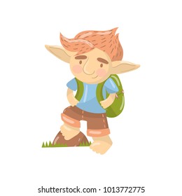 Cute troll boy character, funny creature standing with backpack cartoon vector Illustration