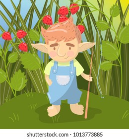 Cute troll boy character, funny creature standing with fishing rod on the backround of field of strawberry colorful vector illustration