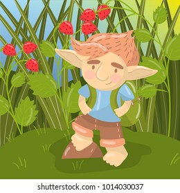 Cute troll boy character, funny creature standing with backpack on the backround of field of strawberry vector illustration