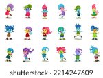 Cute Troll Characters with Different Skin and Hair Color Big Vector Set