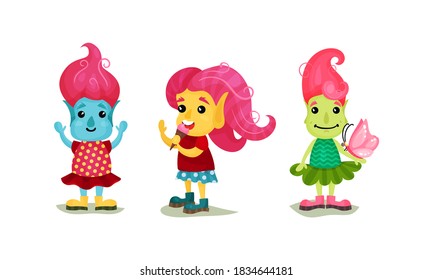 Cute Troll Characters with Different Skin and Hair Color Vector Set