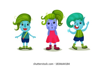 Cute Troll Characters with Different Skin and Hair Color Vector Set