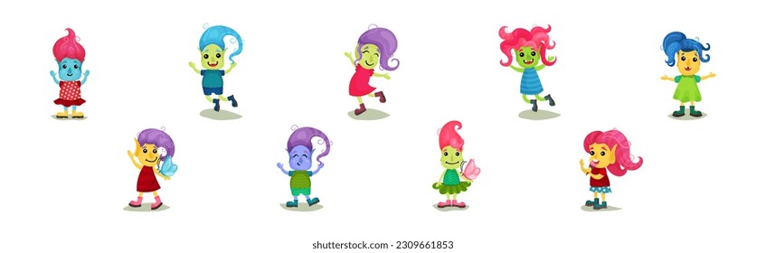 Caracteres Cute Troll con un conjunto de vectores de color de piel y pelo diferentes