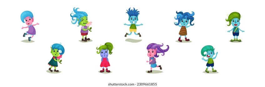 Cute Troll Characters with Different Skin and Hair Color Vector Set