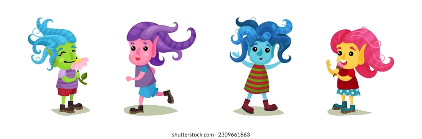 Cute Troll Characters with Different Skin and Hair Color Vector Set