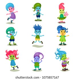 Cute troll characters set, funny creatures with different colors of skin and hair vector Illustrations on a white background