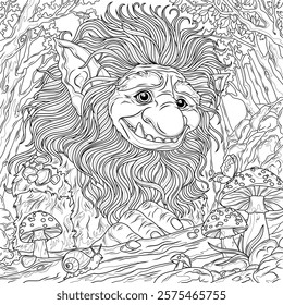 Cute Troll in the forest.Fantasy character.Coloring book antistress for children and adults. Illustration isolated on white background.Zen-tangle style. Hand draw