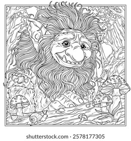 Cute Troll in the forest.Fantasy character.Coloring book antistress for children and adults. Illustration isolated on white background.Zen-tangle style. Hand draw