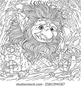 Cute Troll in the forest.Fantasy character.Coloring book antistress for children and adults.Zen-tangle style. Hand draw