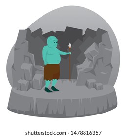 cute troll with spear in the stone scupture