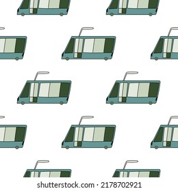 Patrón de trolebús sin fisuras. Papel mural de transporte urbano. Fondo del vehículo eléctrico infantil. Diseño sencillo para tela, impresión textil, envoltura, cubierta, superficie