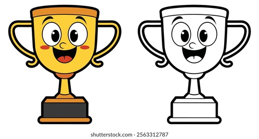 Cute Trophy Cartoon Coloring Page For Kids. Trophy Coloring Outline Vector. Trophy Icon Design
