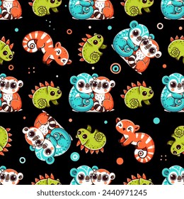 Cute tropic animals lemurs and chameleons. Adorable characters. Childish cartoon style. Ready for fabric and wrapping paper. Vector seamless pattern on black background.