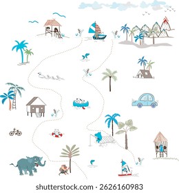 Cute Tropical Adventure Cartoon Pattern with Animals and Beach Activities – Perfect for Summer Vacation, Fabric, Textile, Wrapping, or Wallpaper