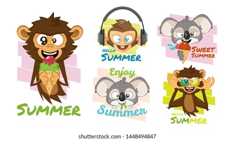 Cute Tropical animal collection. Monkey and koala