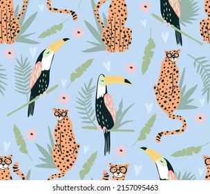 Cute tropical animals and birds seamless pattern. Background with toucans and cheetah. Perfect for creating fabrics, textiles, wrapping paper, packaging.