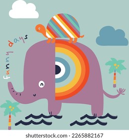 Cute tropical animals elephant giraffe turtle toucan rainbow whale star graphic tee design for kids market as vector