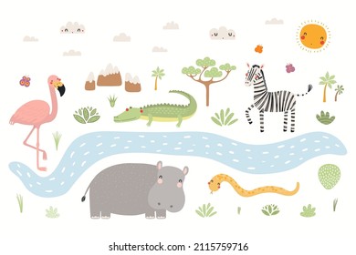 Cute tropical animals, flamingo, crocodile, zebra, hippo, snake, African landscape, isolated. Hand drawn vector illustration. Scandinavian style flat design. Concept kids fashion print, poster card